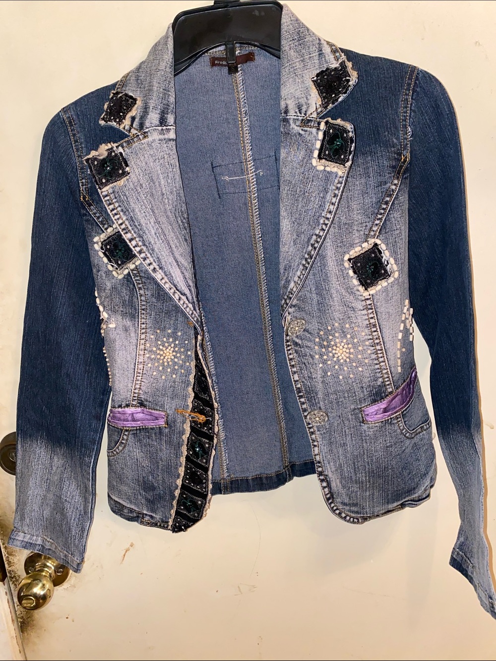 Freda Five Womens Embellished Denim Blazer Jacket - Blue size Small